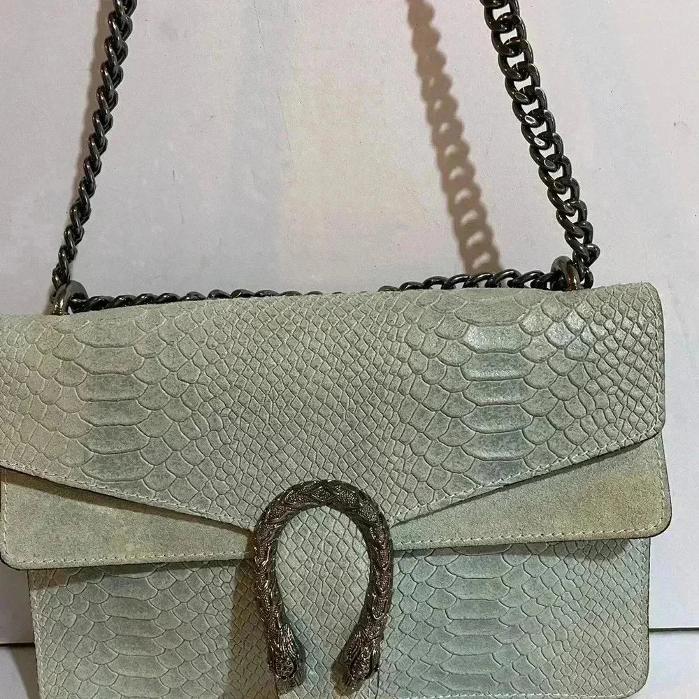 Handcrafted vintage green blue leather suede satchel handbag